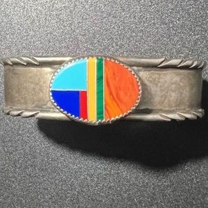Vintage L Notah Signed Colorful Inlay Sterling Silver Cuff Bracelet Spiny Oyster